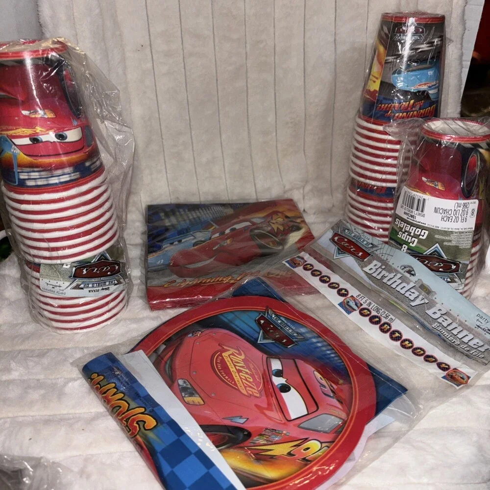 Vintage Disney Pixar Cars Birthday Party Supplies Set Cups Napkins Banner